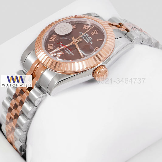 LATEST LADIES COLLECTION 31 TWO TONE ROSE GOLD WITH BROWN DIAL ROMAN FIGURE AUTOMATIC WATCH ZR FACTORY