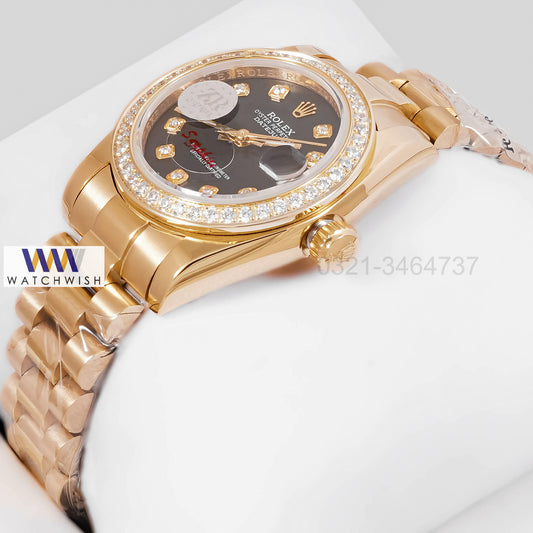 LATEST LADIES COLLECTION 31 YELLOW GOLD WITH BLACK DIAL STONE BEZEL AUTOMATIC WATCH ZR FACTORY