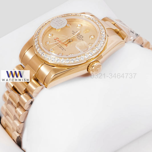 LATEST LADIES COLLECTION 31 YELLOW GOLD WITH DIAL STONE BEZEL AUTOMATIC WATCH ZR FACTORY