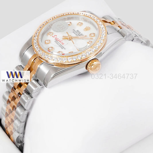 LATEST LADIES COLLECTION 31 TWO TONE YELLOW GOLD WITH WHITE DIAL STONE BEZEL AUTOMATIC WATCH ZR FACTORY