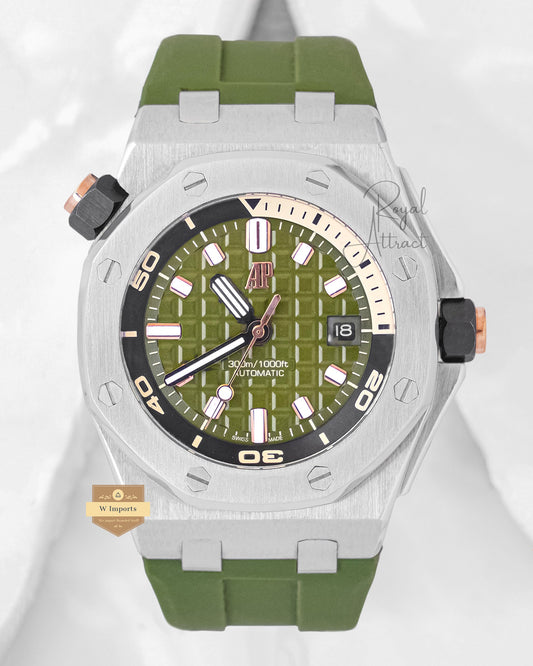 Latest Collection Silver Case With Green Dial & Rubber Strap