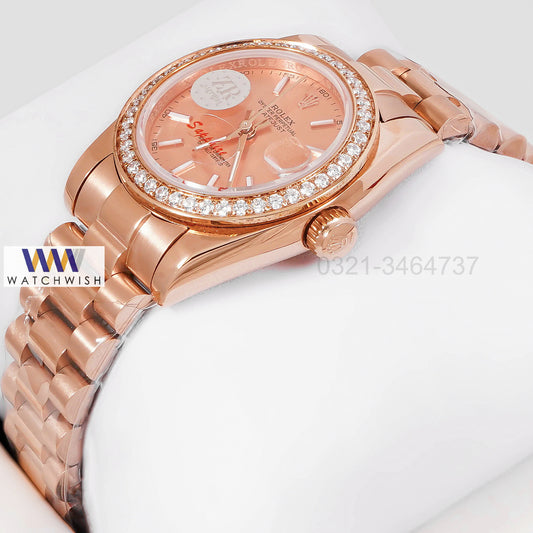 LATEST LADIES COLLECTION 31 ALL ROSE GOLD WITH DIAL & STONE BEZEL AUTOMATIC WATCH ZR FACTORY