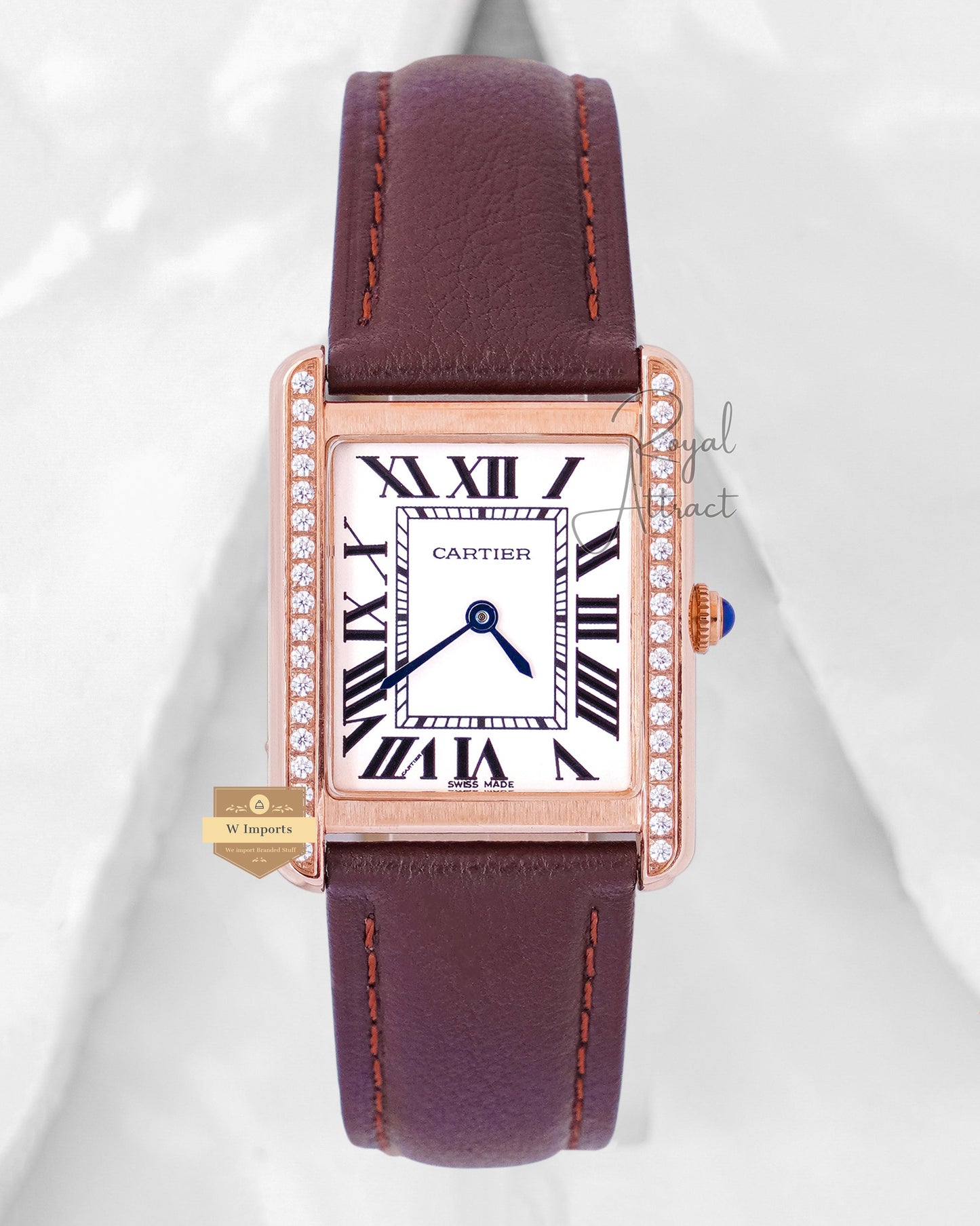 Latest Collection Stone Bezel Rose Gold Case With White Dial & Brown Leather Strap Ladies Watch