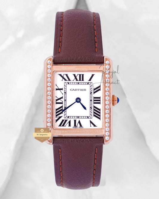 Latest Collection Stone Bezel Rose Gold Case With White Dial & Brown Leather Strap Ladies Watch