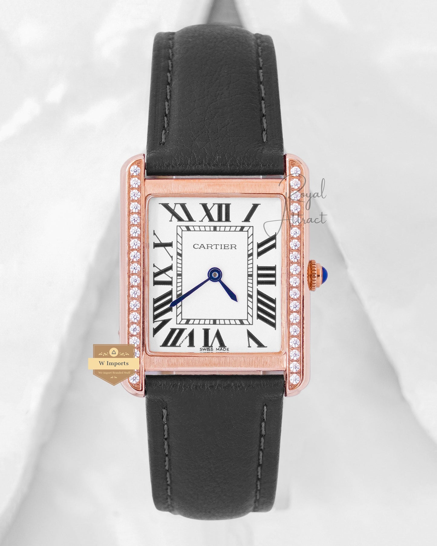 Latest Collection Stone Bezel Rose Gold Case With White Dial & Black Leather Strap Ladies Watch