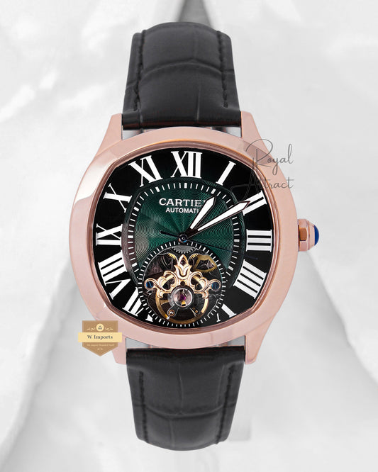 Latest Collection Tourbillon Rose Gold Case With Green Dial & Black Leather Strap
