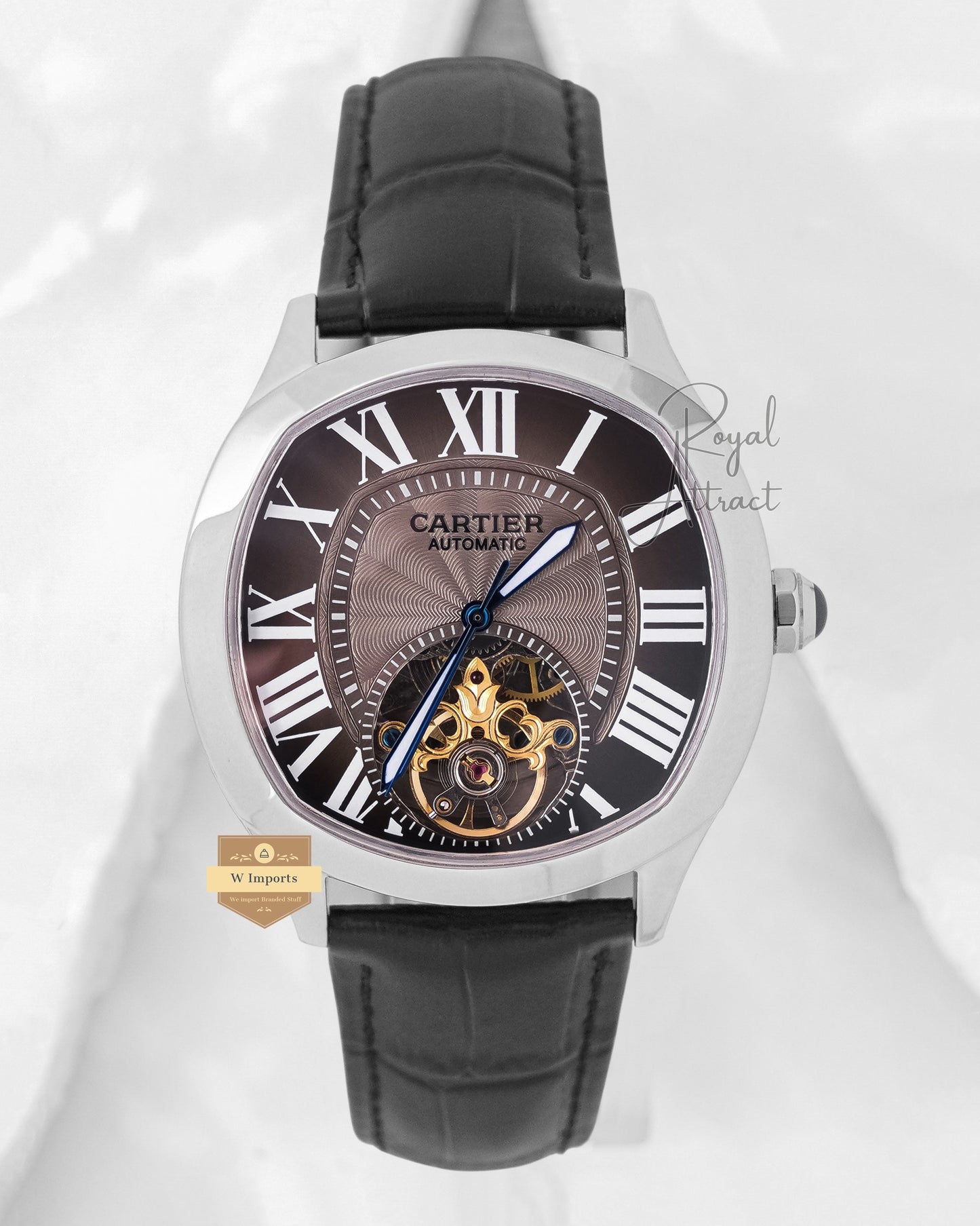 LATEST COLLECTION TOURBILLON SILVER CASE WITH GRAY DIAL & BLACK LEATHER STRAP