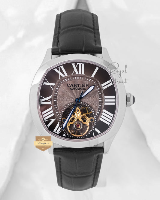 LATEST COLLECTION TOURBILLON SILVER CASE WITH GRAY DIAL & BLACK LEATHER STRAP