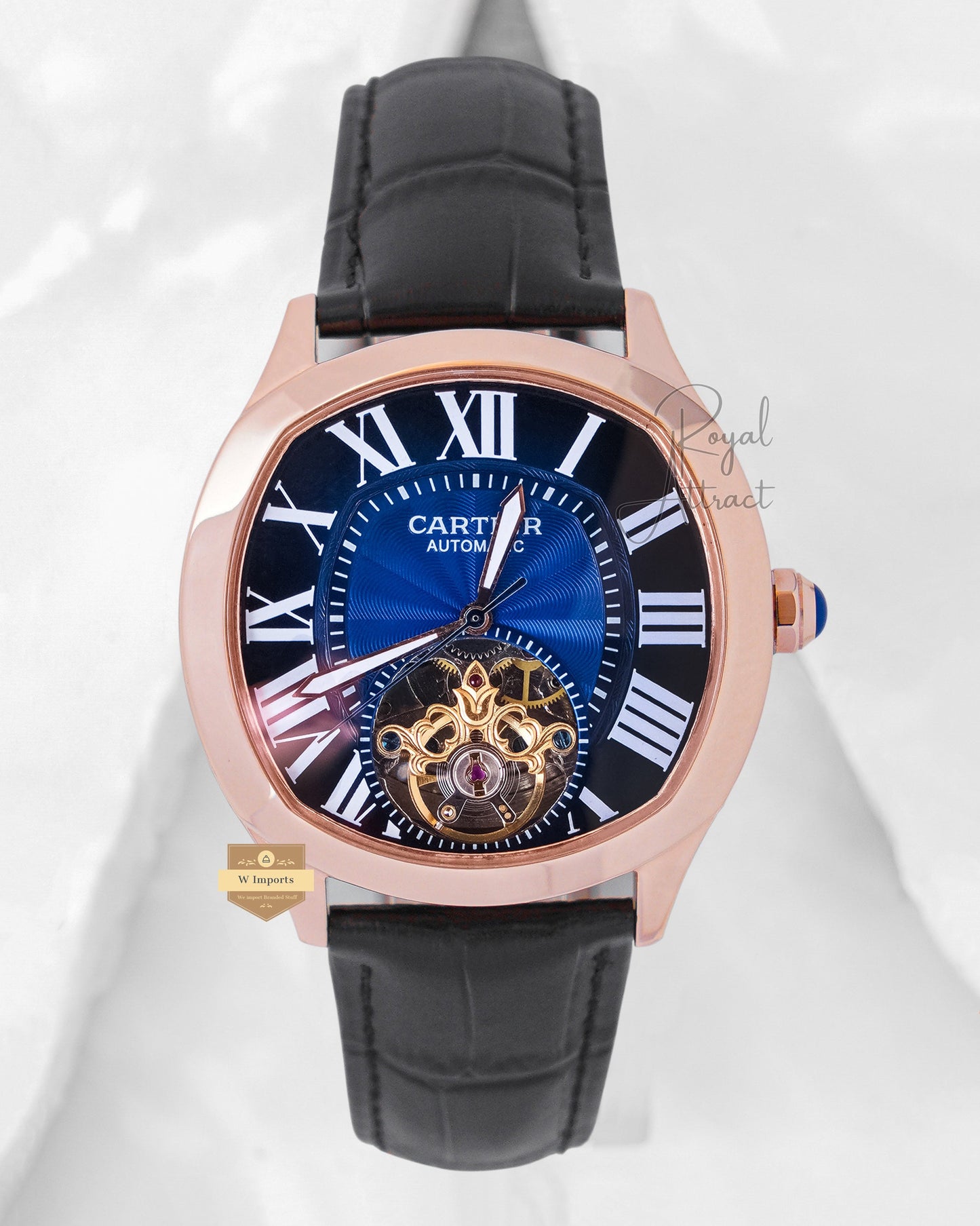 LATEST COLLECTION TOURBILLON ROSE GOLD CASE WITH BLUE DIAL & BLACK LEATHER STRAP