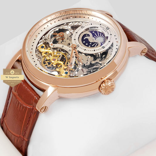 LATEST COLLECTION TOURBILLON MOON PHASE ROSE GOLD CASE WITH SKELETON DIAL & BROWN LEATHER STRAP