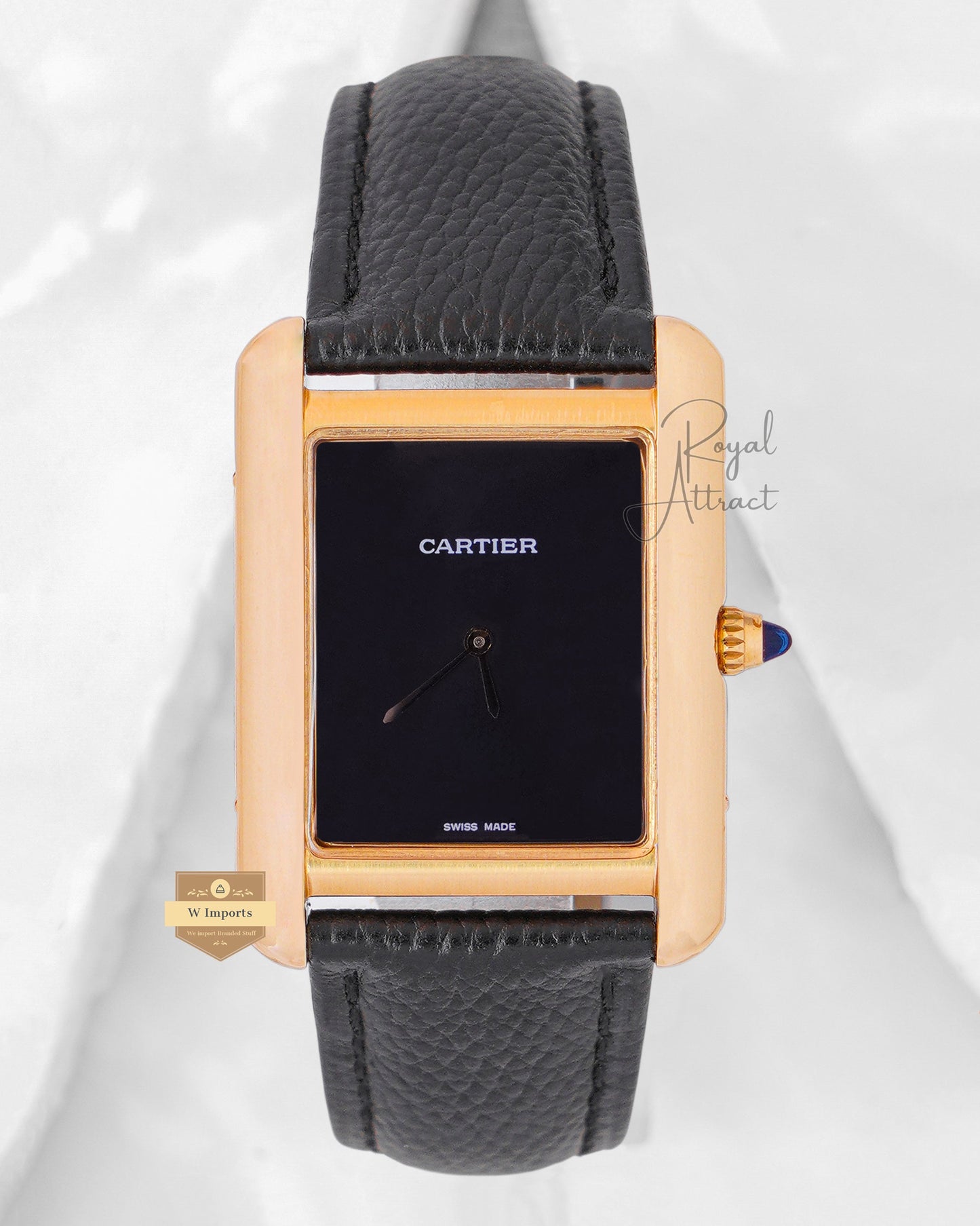 Latest Collection Yellow Gold Case With Black Dial & Leather Strap Watch For Men