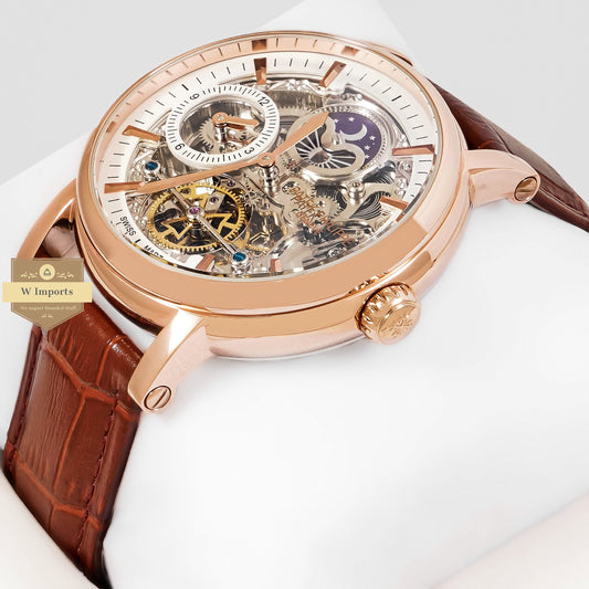 LATEST COLLECTION TOURBILLON MOON PHASE ROSE GOLD CASE WITH SKELETON DIAL & BROWN LEATHER STRAP