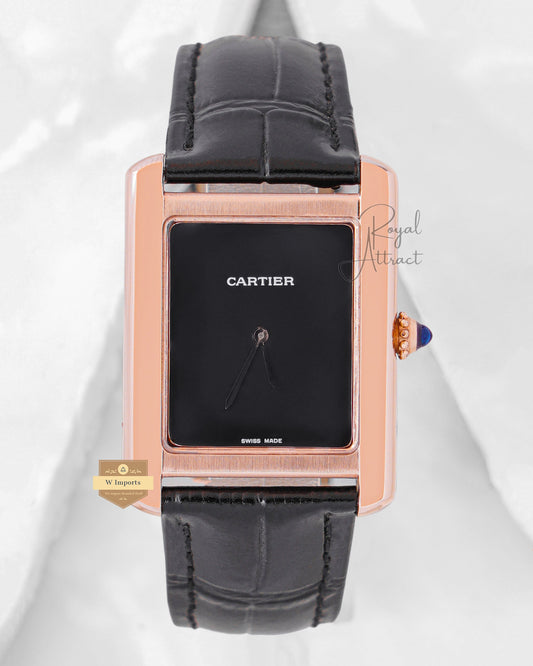 Latest Collection Rose Gold Case With Black Dial & Leather Strap Watch