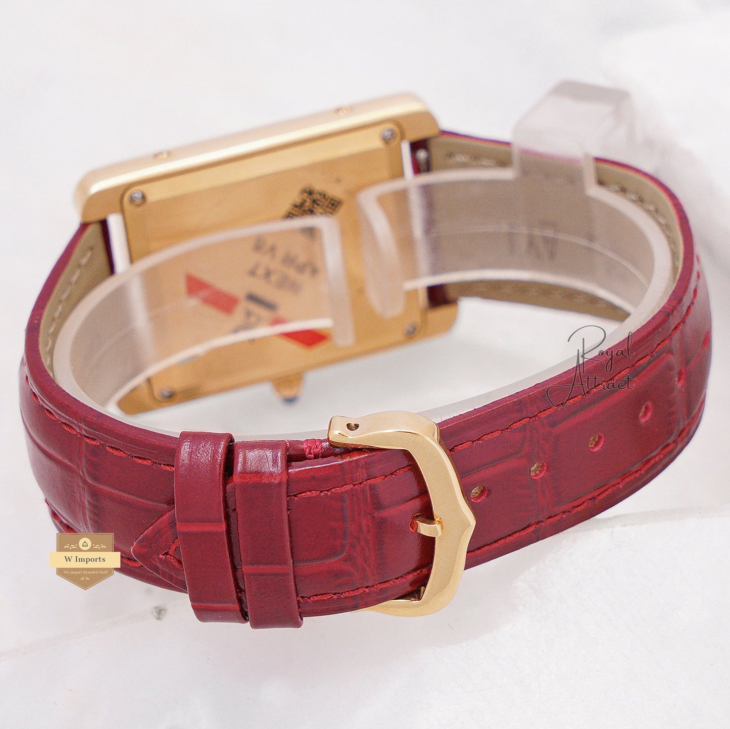 Latest Collection Yellow Gold Stone Case With Maroon Dial & Leather Strap Watch