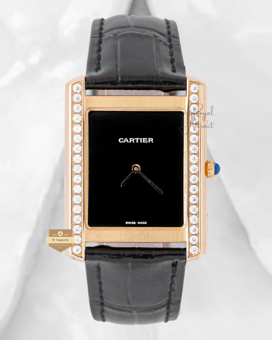 Latest Collection Yellow Gold Stone Case With Black Dial & Leather Strap Watch