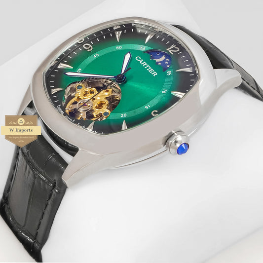 LATEST COLLECTION TOURBILLON GREEN DIAL WITH SILVER CASE & BLACK LEATHER STRAP