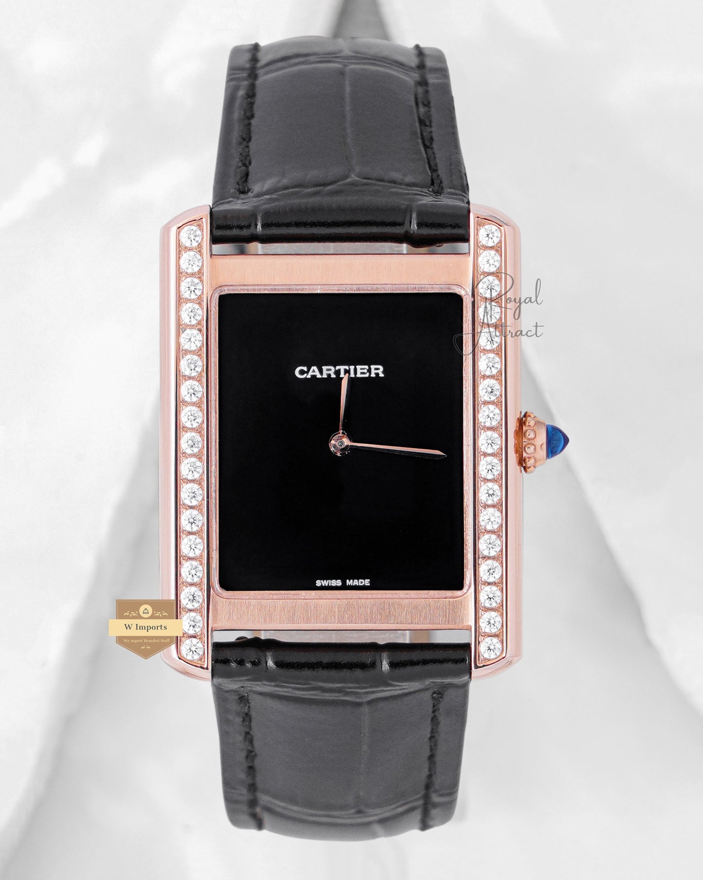 Latest Collection Rose Gold Stone Case With Black Dial & Leather Strap Watch