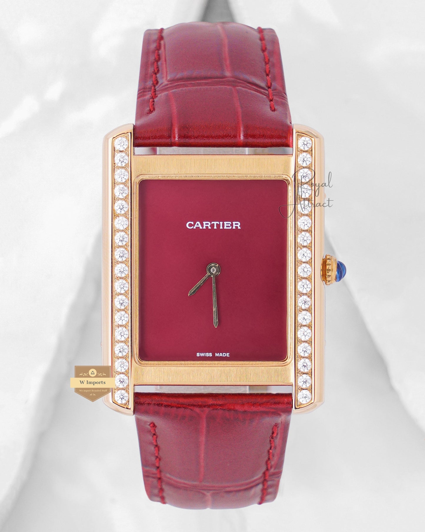 Latest Collection Yellow Gold Stone Case With Maroon Dial & Leather Strap Watch