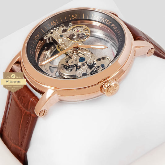 Latest Collection Rose Gold Case With Skeleton Dial & Brown Leather Strap