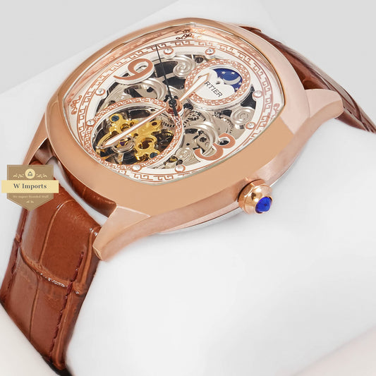 LATEST COLLECTION TOURBILLON MOON PHASE ROSE GOLD CASE WITH WHITE SKELETON DIAL & BROWN LEATHER STRAP