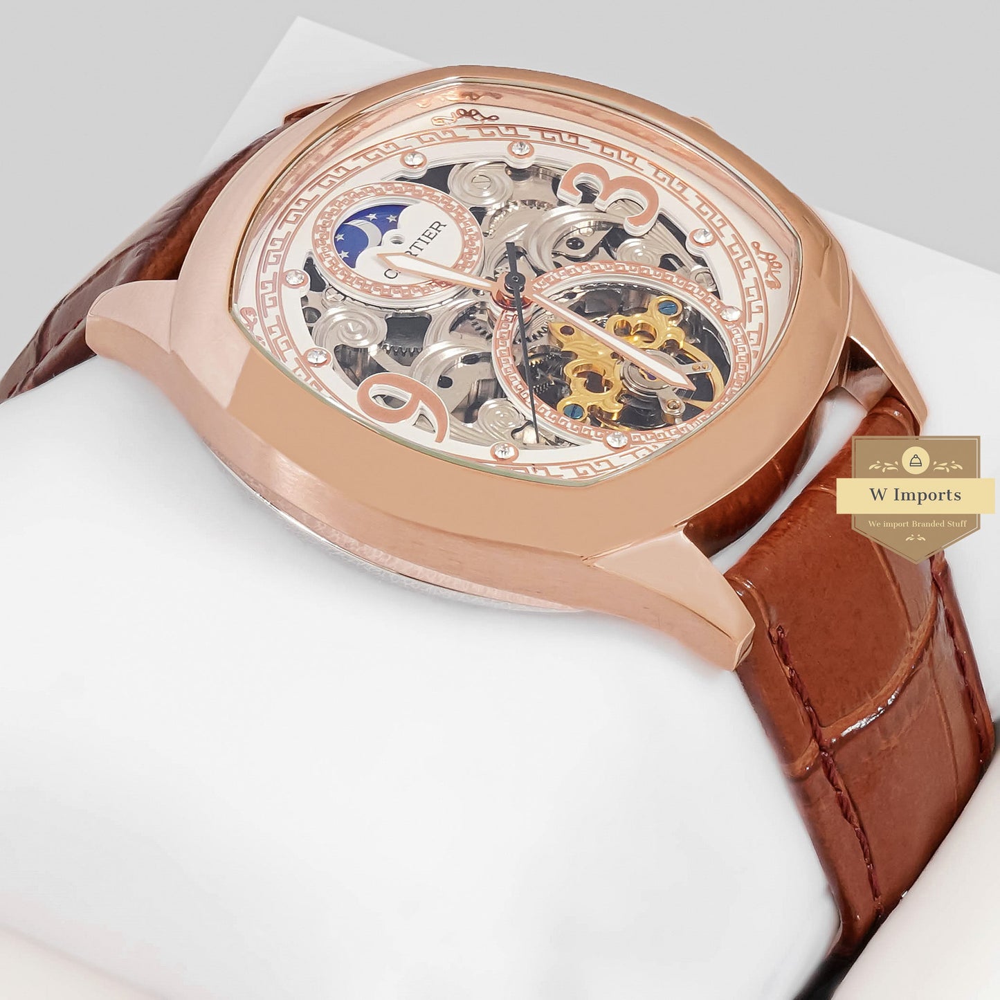 LATEST COLLECTION TOURBILLON MOON PHASE ROSE GOLD CASE WITH WHITE SKELETON DIAL & BROWN LEATHER STRAP