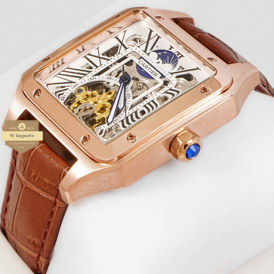 LATEST COLLECTION TOURBILLON MOON PHASE ROSE GOLD CASE WITH WHITE SKELETON DIAL & BROWN LEATHER STRAP