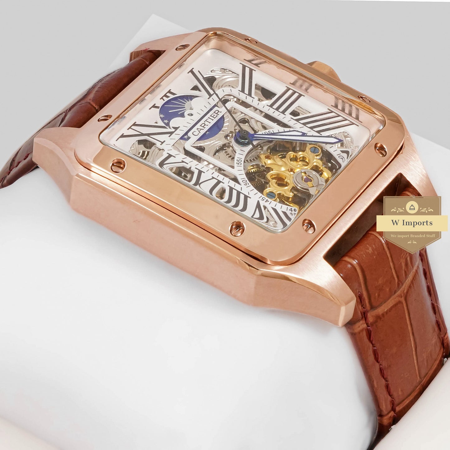 LATEST COLLECTION TOURBILLON MOON PHASE ROSE GOLD CASE WITH WHITE SKELETON DIAL & BROWN LEATHER STRAP