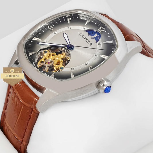 LATEST COLLECTION TOURBILLON GREY DIAL WITH SILVER CASE & BROWN LEATHER STRAP