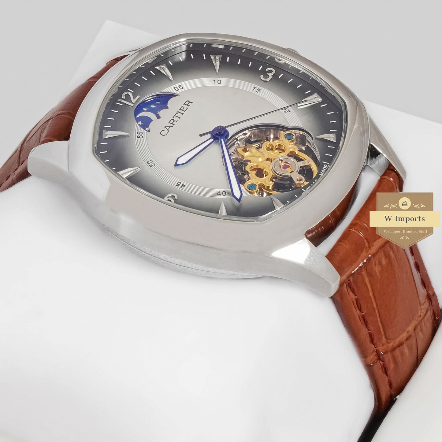 LATEST COLLECTION TOURBILLON GREY DIAL WITH SILVER CASE & BROWN LEATHER STRAP