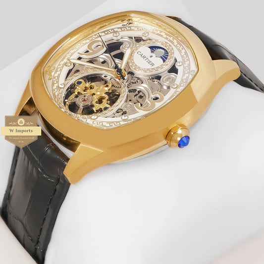LATEST COLLECTION TOURBILLON MOON PHASE YELLOW GOLD CASE WITH WHITE SKELETON DIAL & BLACK LEATHER STRAP