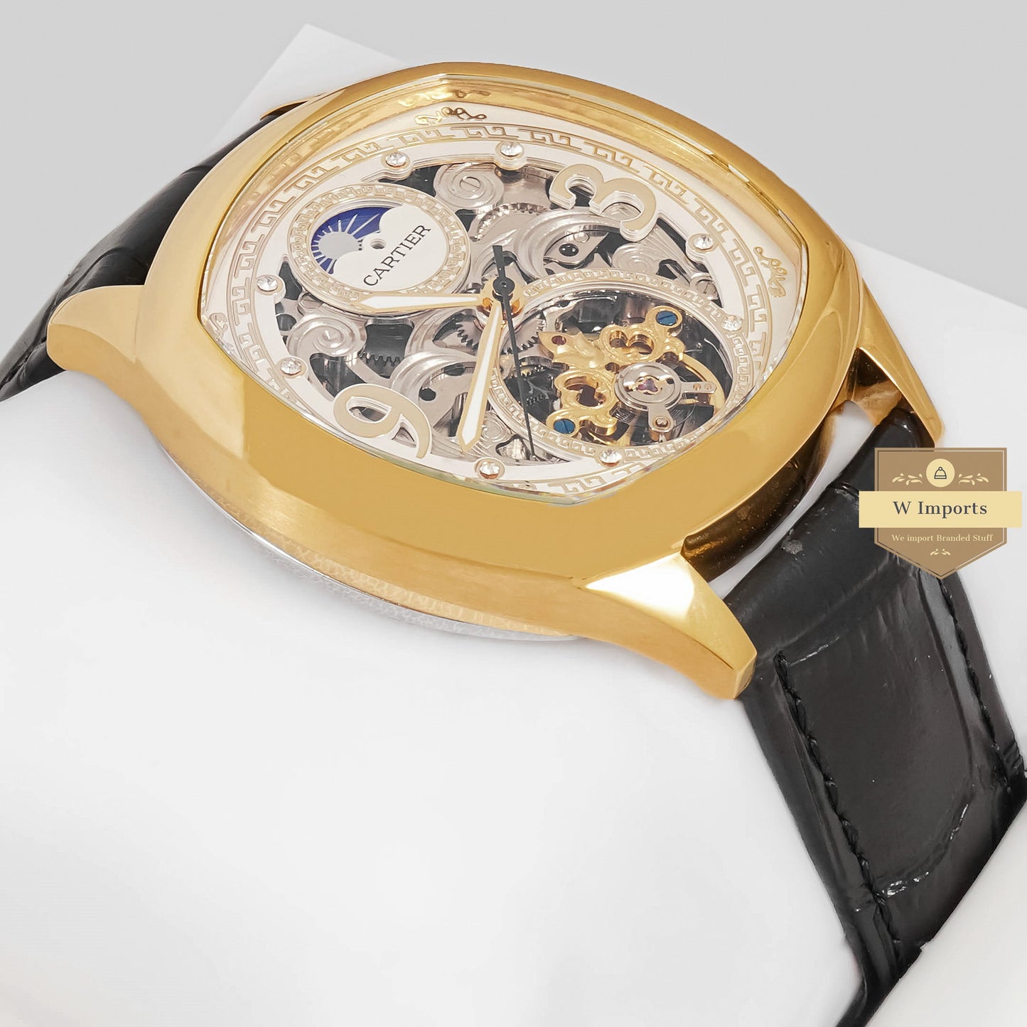 LATEST COLLECTION TOURBILLON MOON PHASE YELLOW GOLD CASE WITH WHITE SKELETON DIAL & BLACK LEATHER STRAP