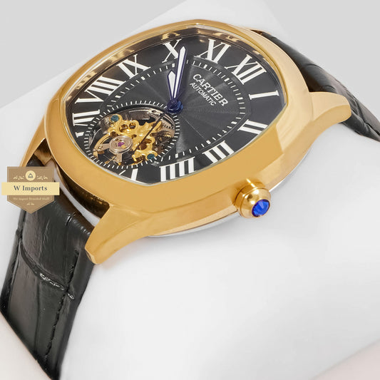 LATEST COLLECTION TOURBILLON YELLOW GOLD CASE WITH BLACK DIAL & LEATHER STRAP