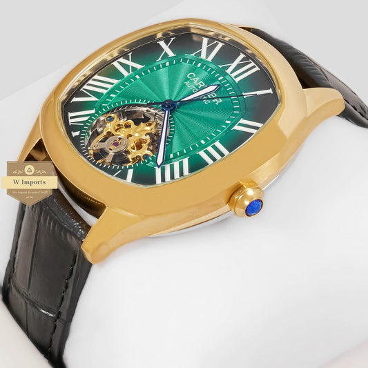 LATEST COLLECTION TOURBILLON YELLOW GOLD CASE WITH GREEN DIAL & LEATHER STRAP