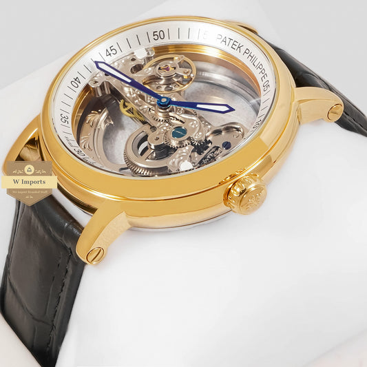 Latest Collection  Yellow Gold Case With Skeleton Dial & Black Leather Strap For Men
