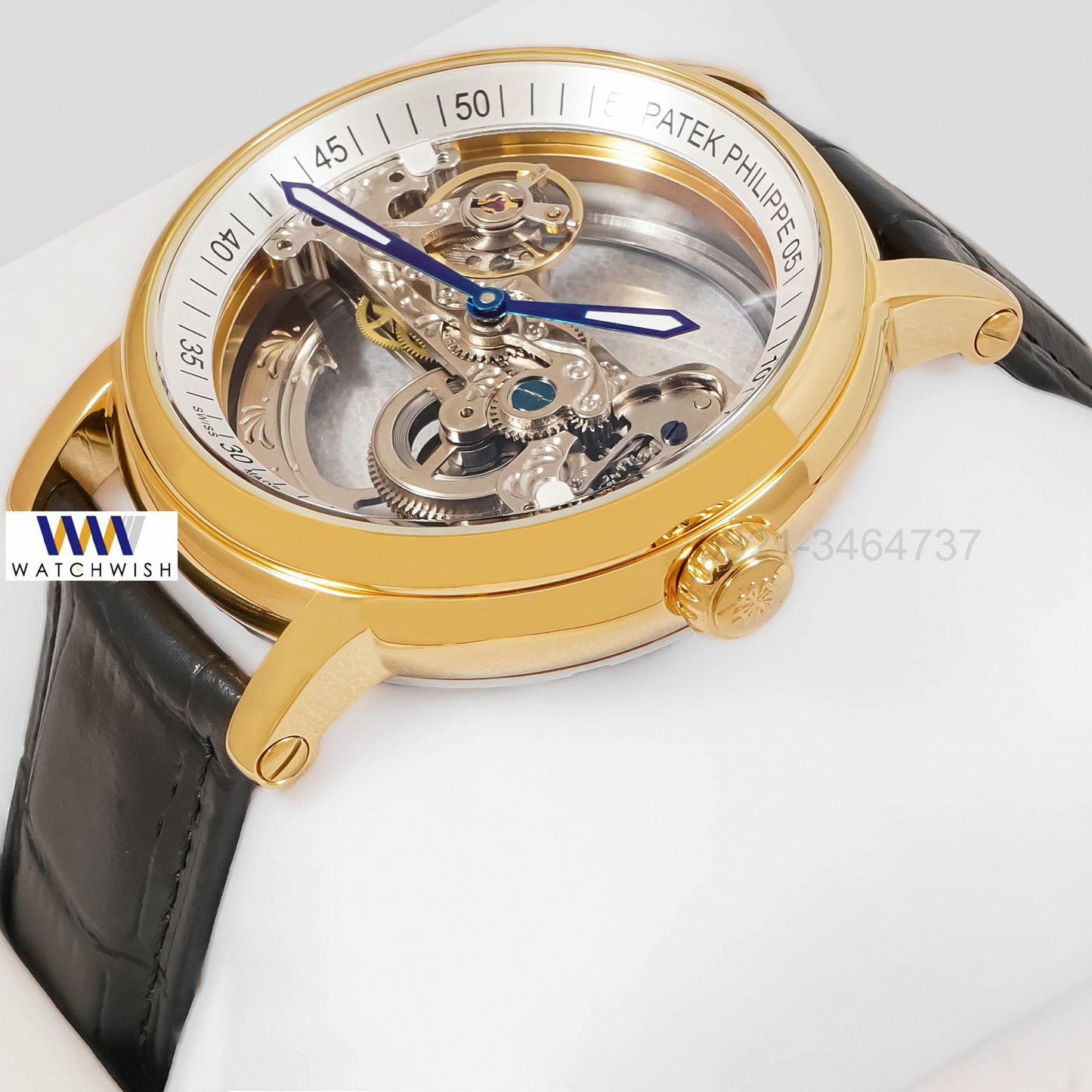 LATEST COLLECTION YELLOW GOLD CASE WITH SKELETON DIAL & BLACK LEATHER STRAP