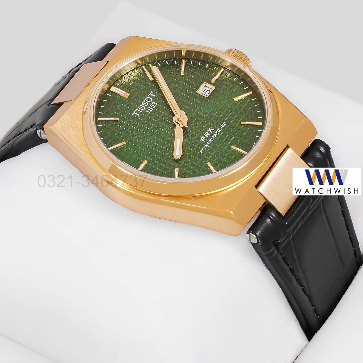 LATEST COLLECTION PRX YELLOW GOLD CASE WITH GREEN DIAL FLUTTED BEZEL & LEATHER STRAP