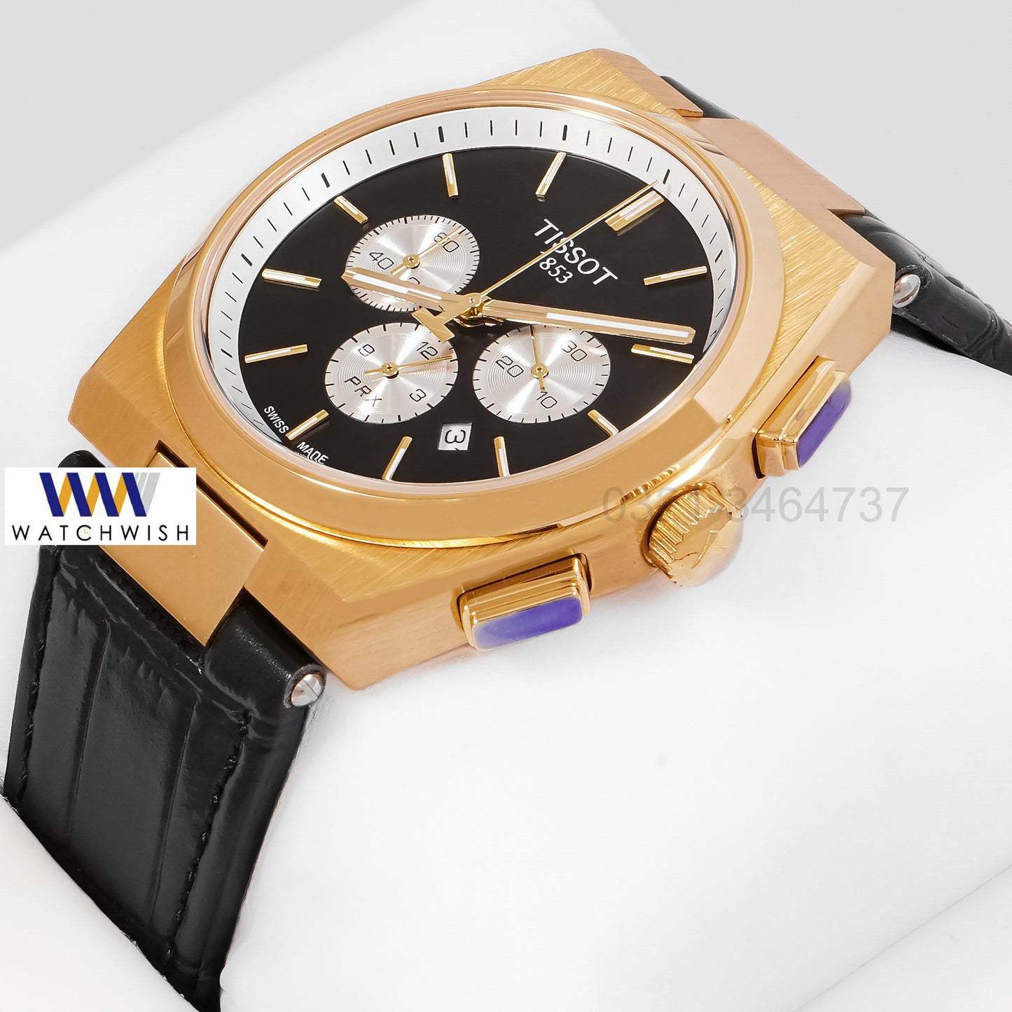 LATEST COLLECTION PRX CHRONOGRAPH YELLOW GOLD CASE WITH BLACK DIAL FLUTTED & LEATHER STRAP