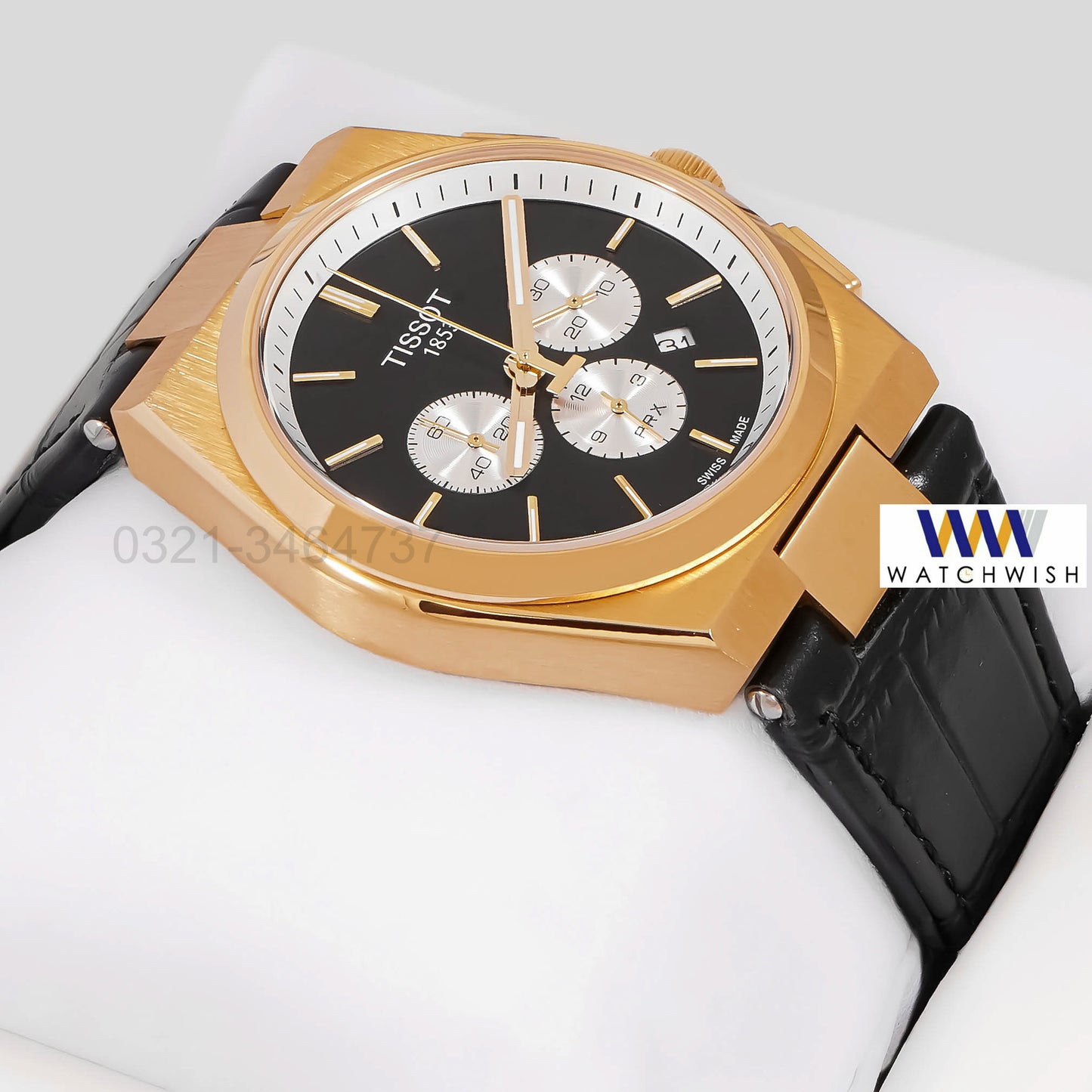 LATEST COLLECTION PRX CHRONOGRAPH YELLOW GOLD CASE WITH BLACK DIAL FLUTTED & LEATHER STRAP