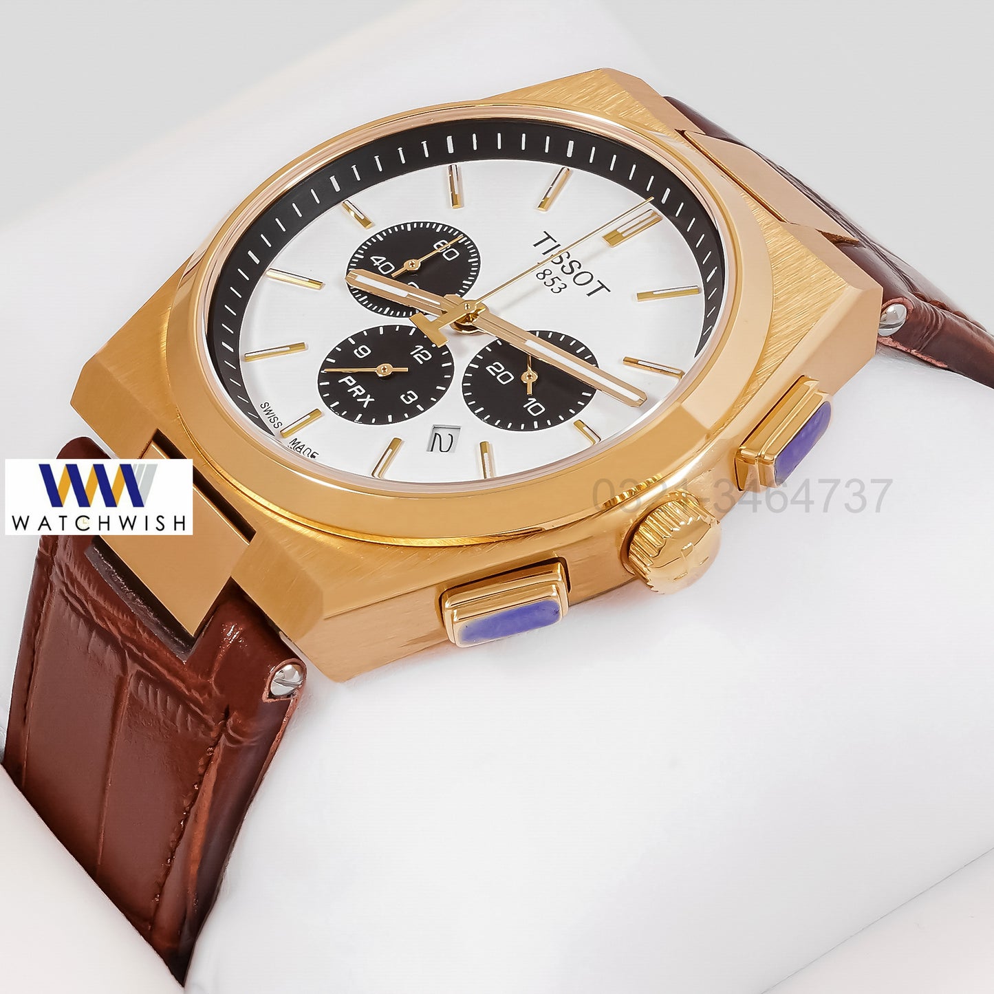 LATEST COLLECTION PRX CHRONOGRAPH YELLOW GOLD CASE WITH WHITE DIAL FLUTTED BEZEL & LEATHER STRAP