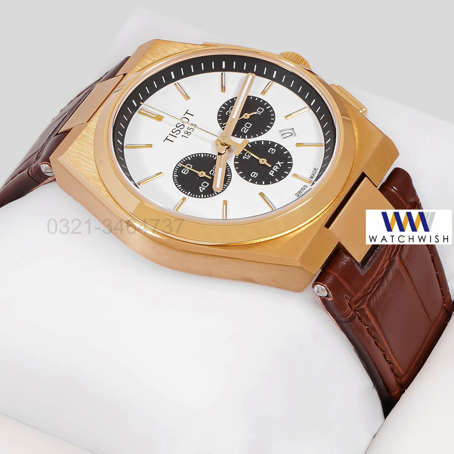 LATEST COLLECTION PRX CHRONOGRAPH YELLOW GOLD CASE WITH WHITE DIAL FLUTTED BEZEL & LEATHER STRAP