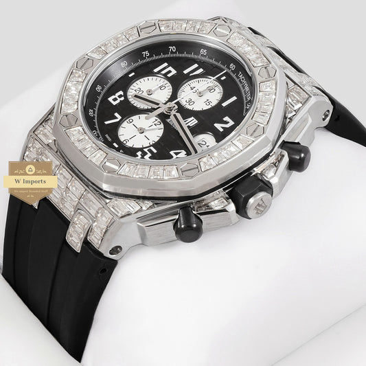 LATEST COLLECTION CHRONOGRAPH SILVER STONED BEZEL WITH BLACK DIAL & RUBBER STRAP