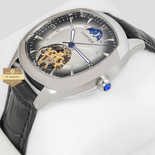 LATEST COLLECTION TOURBILLON SILVER CASE WITH DEEP WHITE DIAL AND LEATHER STRAP