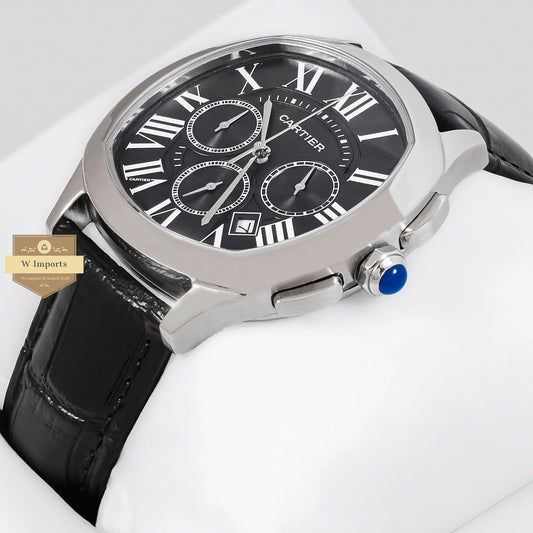 LATEST COLLECTION CHRONOGHRAPH SILVER CASE WITH BLACK DIAL & LEATHER STRAP