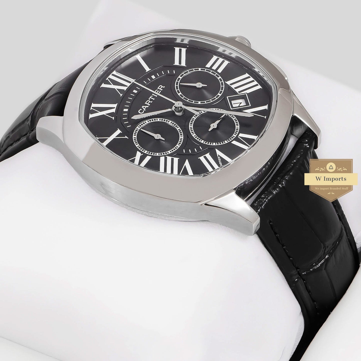 LATEST COLLECTION CHRONOGHRAPH SILVER CASE WITH BLACK DIAL & LEATHER STRAP