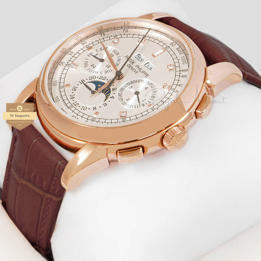 LATEST COLLECTION MOON PHASE ROSE GOLD CASE WITH SILVER DIAL & BROWN LEATHER STRAP