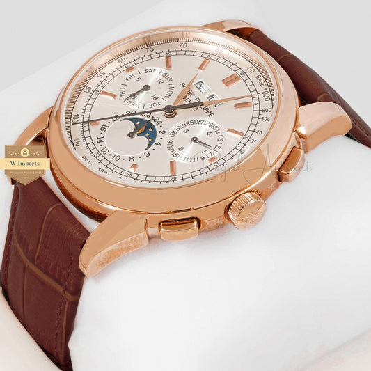 LATEST COLLECTION MOON PHASE ROSE GOLD CASE WITH SILVER DIAL & BROWN LEATHER STRAP