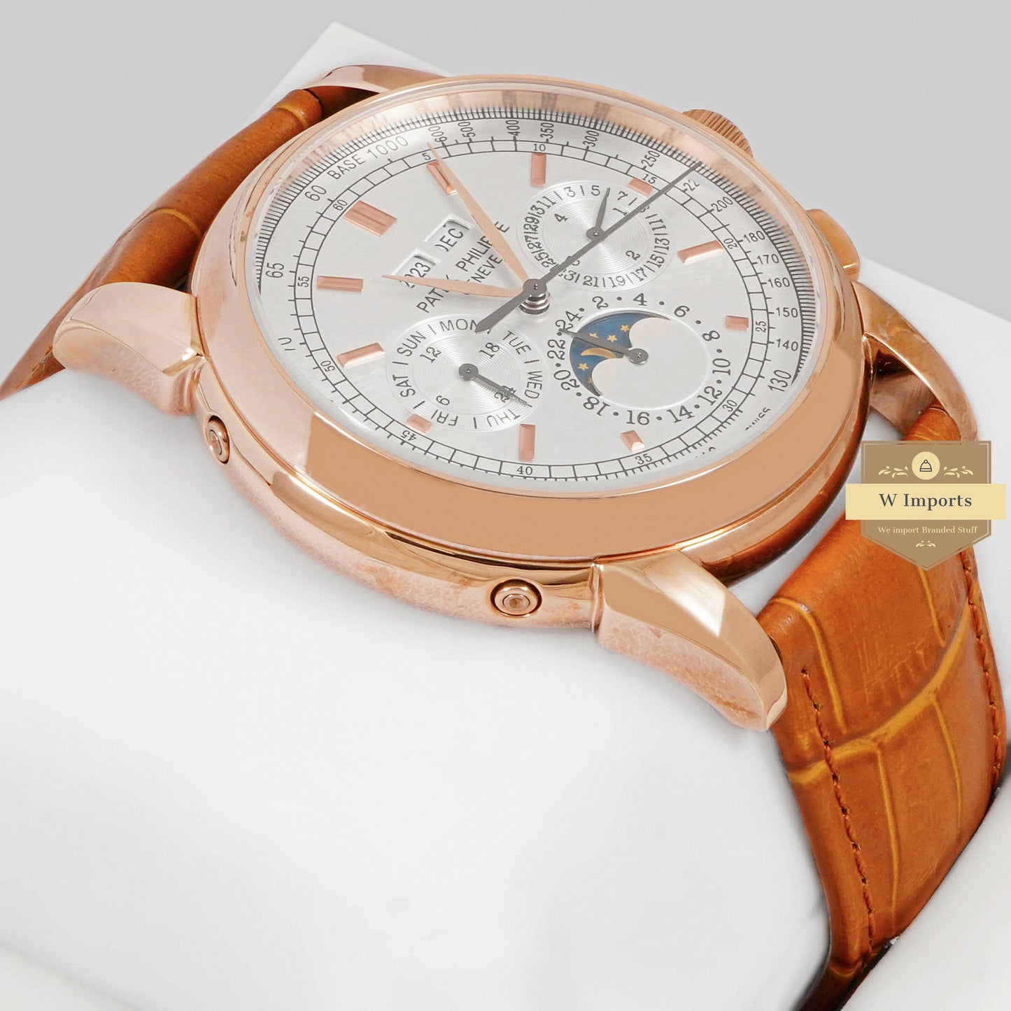 LATEST COLLECTION CHRONOGRAPH ROSE GOLD CASE WITH SILVER DIAL & BROWN LEATHER STRAP