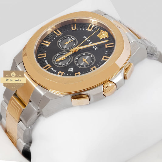 LATEST COLLECTION CHRONOGRAPH TWO TONE YELLOW GOLD WITH BLACK DIAL CHAIN WATCH