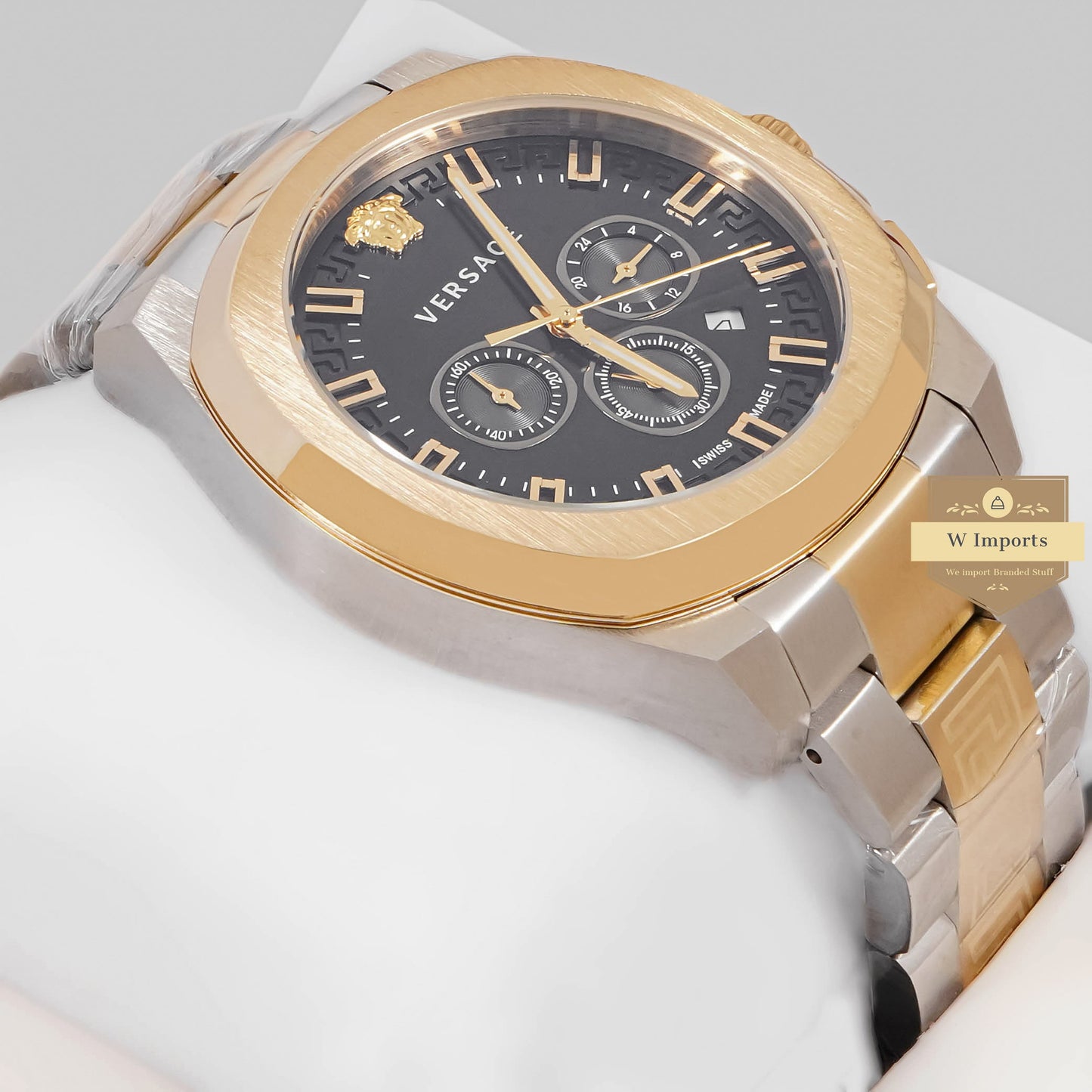 LATEST COLLECTION CHRONOGRAPH TWO TONE YELLOW GOLD WITH BLACK DIAL CHAIN WATCH