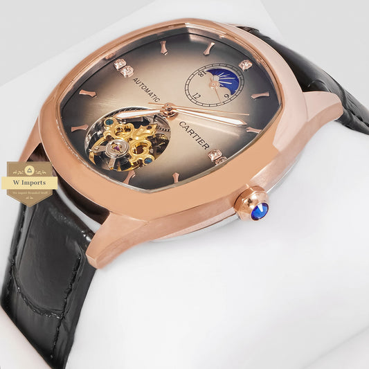 LATEST COLLECTION TOURBILLON ROSE GOLD CASE WITH BROWN DIAL & BLACK LEATHER STRAP
